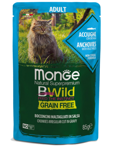 MONGE BE WILD. Pouch grain free. Anchoas con verduras. Gato