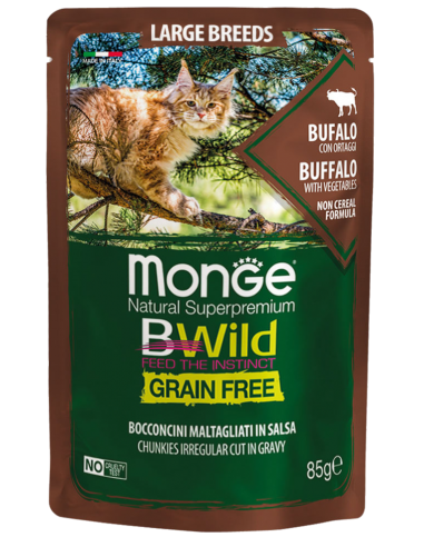 MONGE BE WILD. Pouch grain free. Búfalo con verduras. Gato