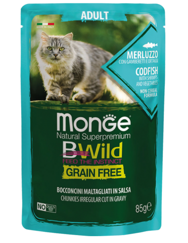 MONGE BE WILD. Pouch grain free. Merluza con verduras. Gato