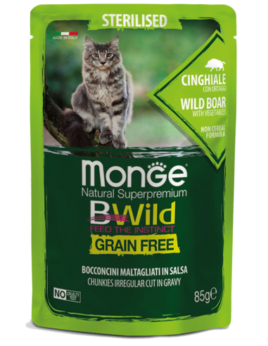 MONGE BE WILD. Pouch grain free. Jabalí con verduras. Gato